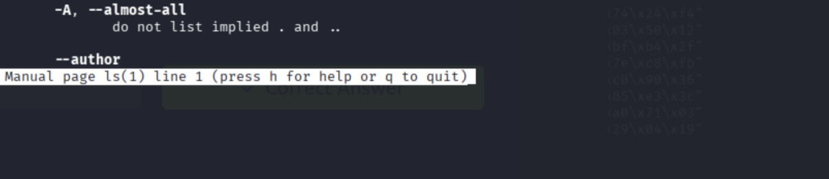 Man page pager prompt at the bottom of the screen waiting for input
